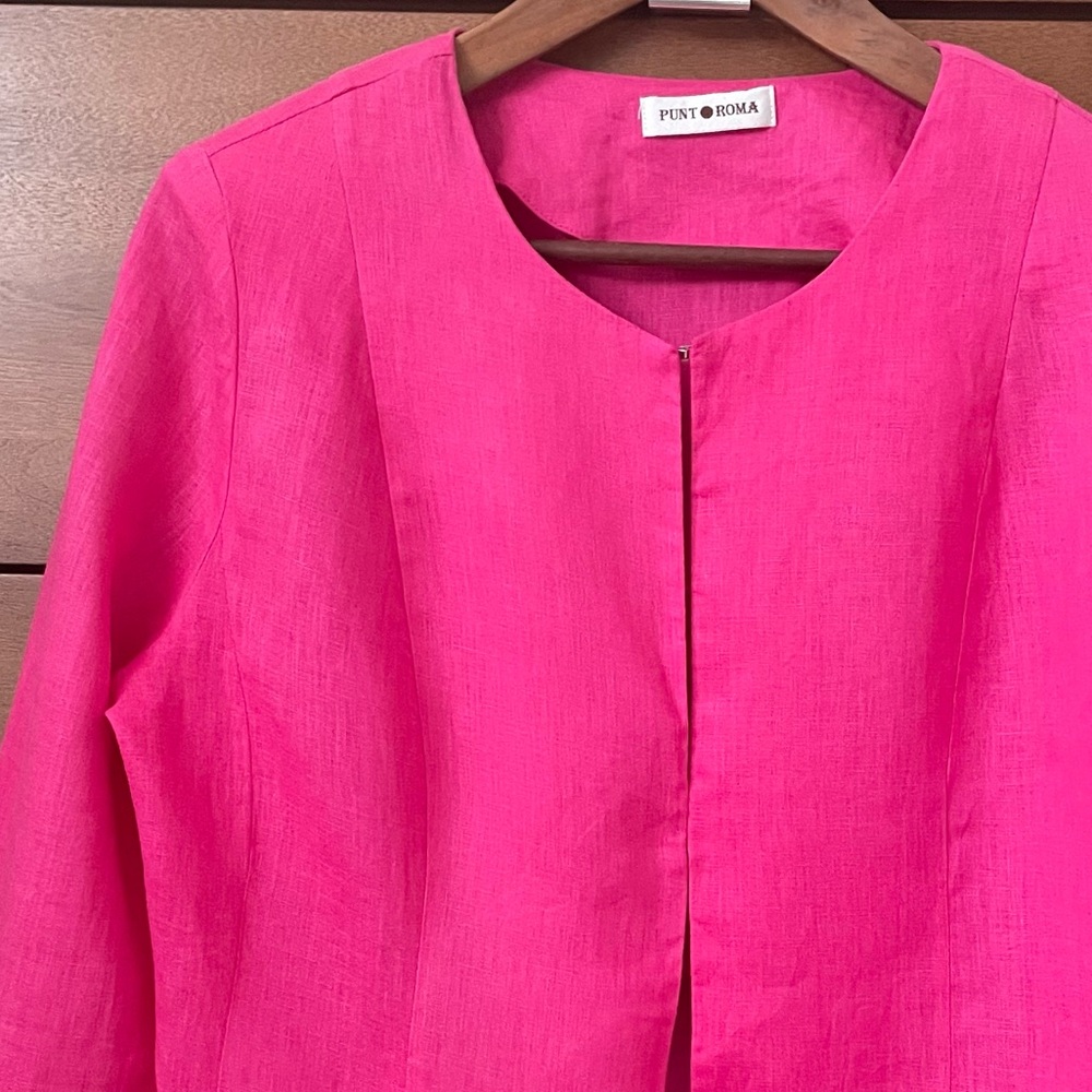 Punt Roma 100% Linen Blazer Jacket Sz 10 Pink 3/4 Sleeve Office Summer Feminine - Picture 4 of 12